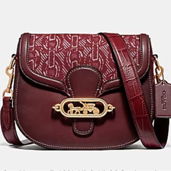 Coach Elle Saddle Crossbody W Signature Chain Print Burgundy Crocodile Bag - Picture 1 of 11